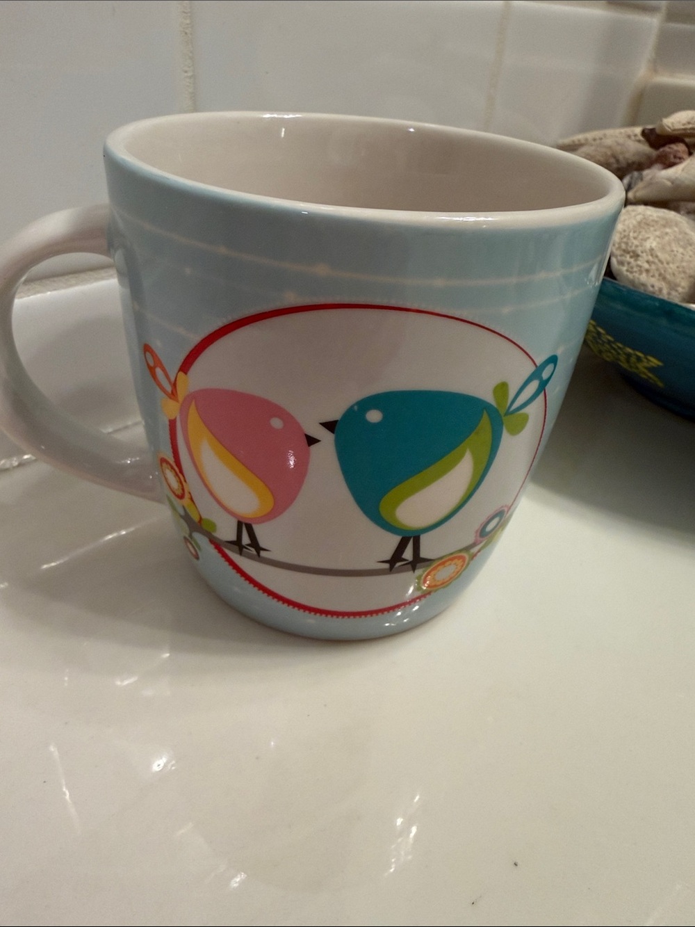 Valentina Light Blue Ceramic Mug with Pink and Teal Bird Design
